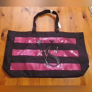 NWT Victoria's Secret Black Canvas Tote Bag with Hot Pink Sequin Stripes VS